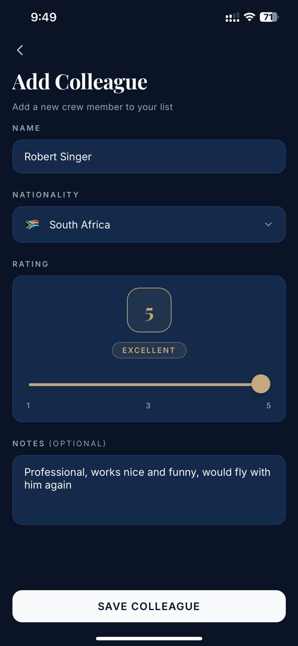 Sky Journey crew member screen with rating