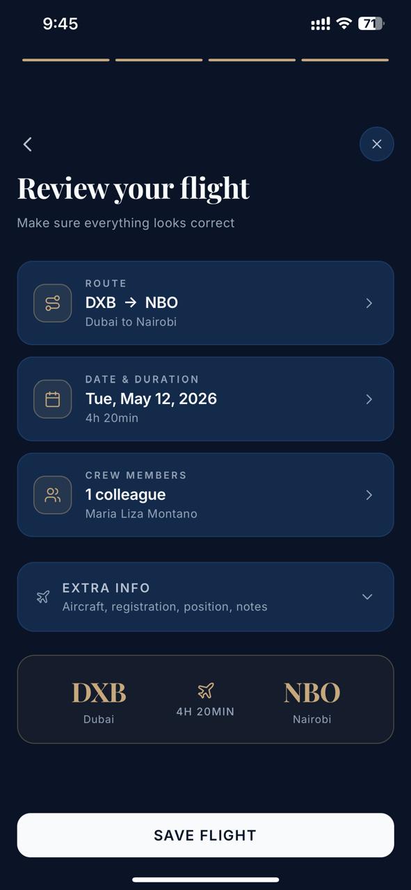 Sky Journey app — flight logbook screen